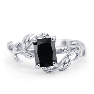 Art Deco Engagement Ring Natural Leaf Design Emerald Cut Simulated Black 925 Sterling Silver Wholesale